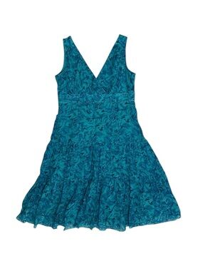 Ralph Lauren Teal Floral V-Neck Tiered  Cotton Silk Dress Size 10